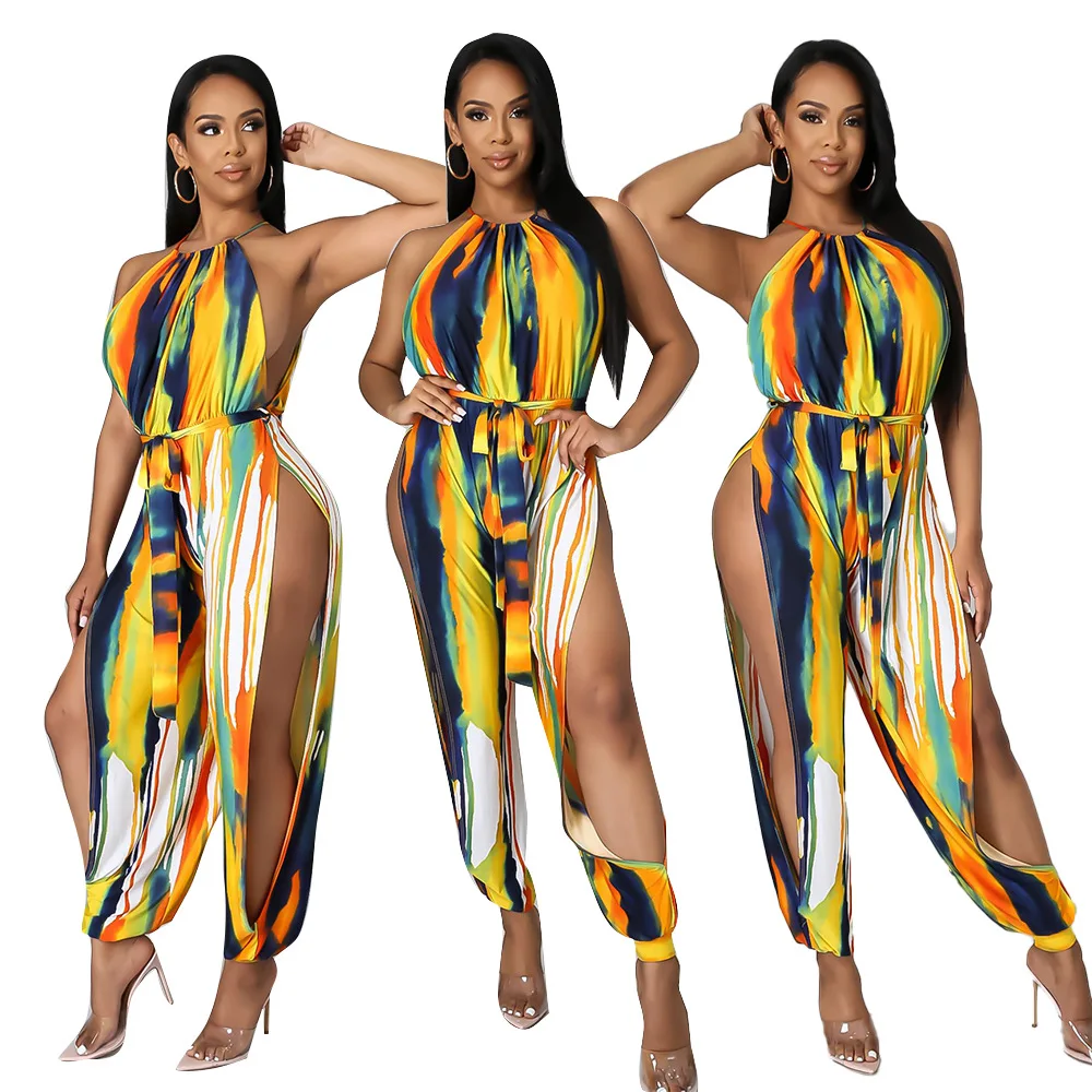

GH-036 Spring/Summer New Products Women'S Digital Printed Sling Sexy Slit Jumpsuit