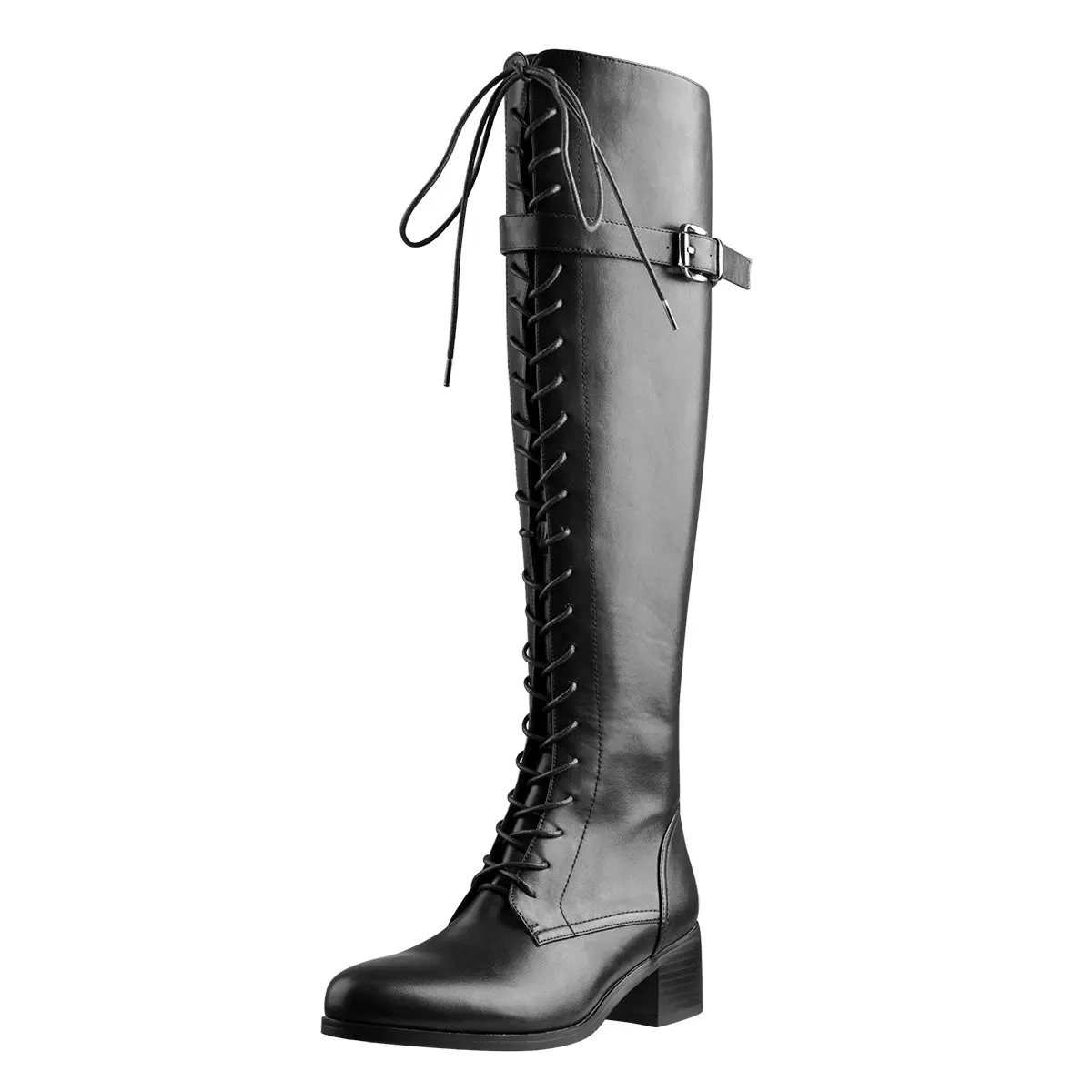 

Round Toe Lace Up Sturdy Heel Side Zipper Knee High Boots For Women, Black