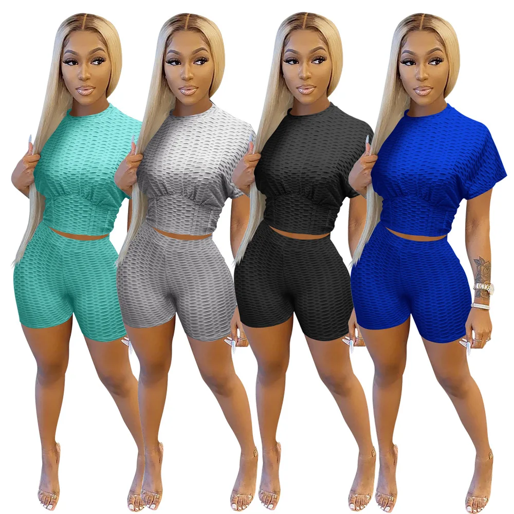 

Solid Color Summer Fashion Elastic Fitness Women Two Piece Plain Sportwear Fitness Women's Clothing Yoga Set.