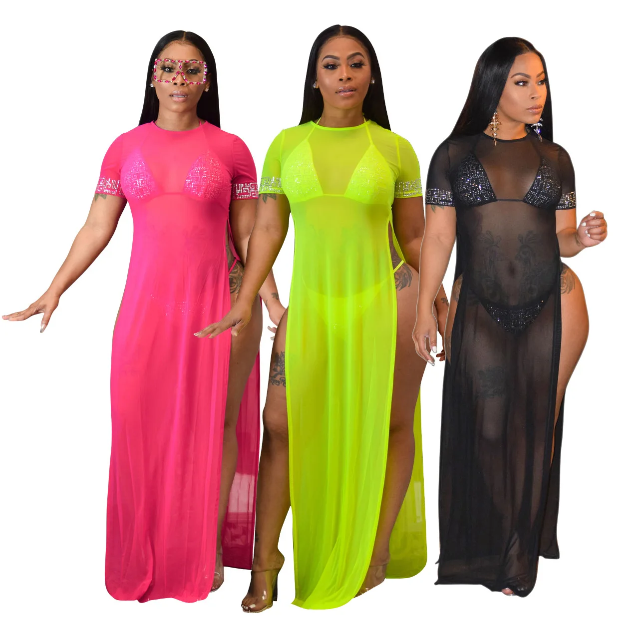 

Trade Assurance Short Sleeve Swimwear Transparent Long Maxi Dresses Beach Swimsuits Women's Chiffon Cover Up