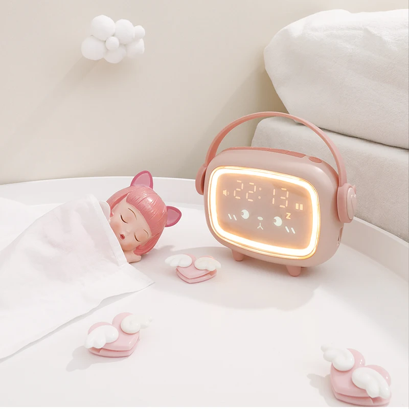 

Modern hotel animal shaped night light wake-up sunrise light coffee vibrating kids bed side emoji alarm clock with usb port