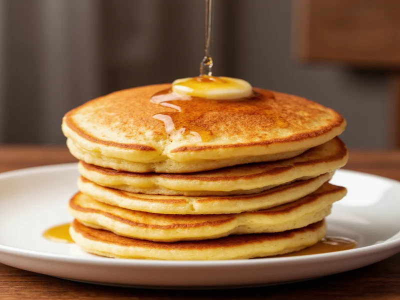 Stack of golden fluffy pancakes with maple syrup