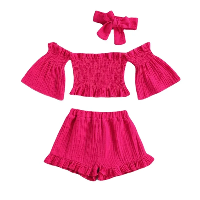 

New arrive hot sale 3 piece plain color off-shoulder kids clothes baby girls summer shorts outfit sets, As picture show