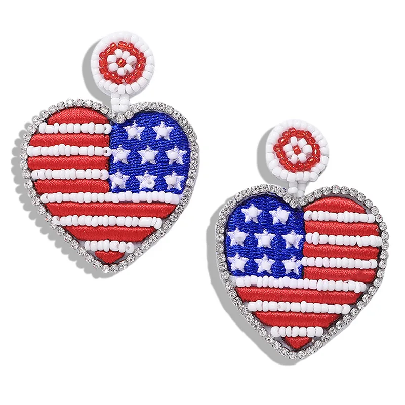 

National Ethnic Handmade Crystal Embroidery Beaded Heart Drop Earrings Heart Shape American Flag Earrings