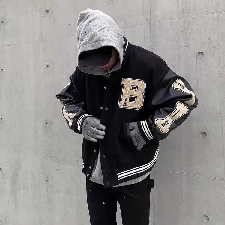 

High quality plain polyester regular furry bone patchwork color block high street baseball coat mens bomber jacket waterproof, 3 colors