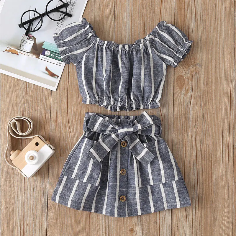 

Summer Manufacturer's Girls' Line Skirt Set Fashion Stripe Children's Wear Two Sets of Short Sleeve Clothing Kids Girl Suit, As picture