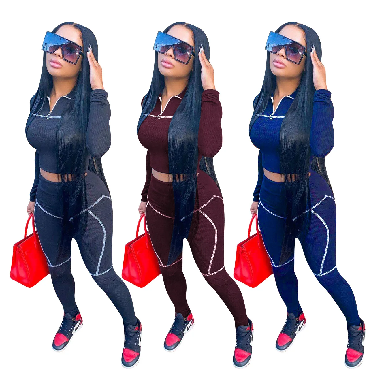 

Fall Clothing For Women Reflective Stripe Long Sleeve Pants Sets Crop Top Set Women 2 Piece Set Women, Red