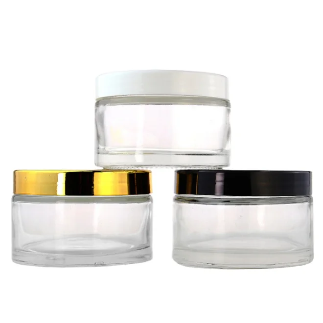 

200g Face Cosmetic Cream Jars Clear Gold Small Round Empty Frosted Skincare Cream Glass Jar with Aluminum/Plastic Lids
