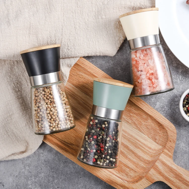 

Wholesale Amazon hot sell manual salt and pepper shakers grinders seasoning spice glass bottle jars kitchen tools grinder top
