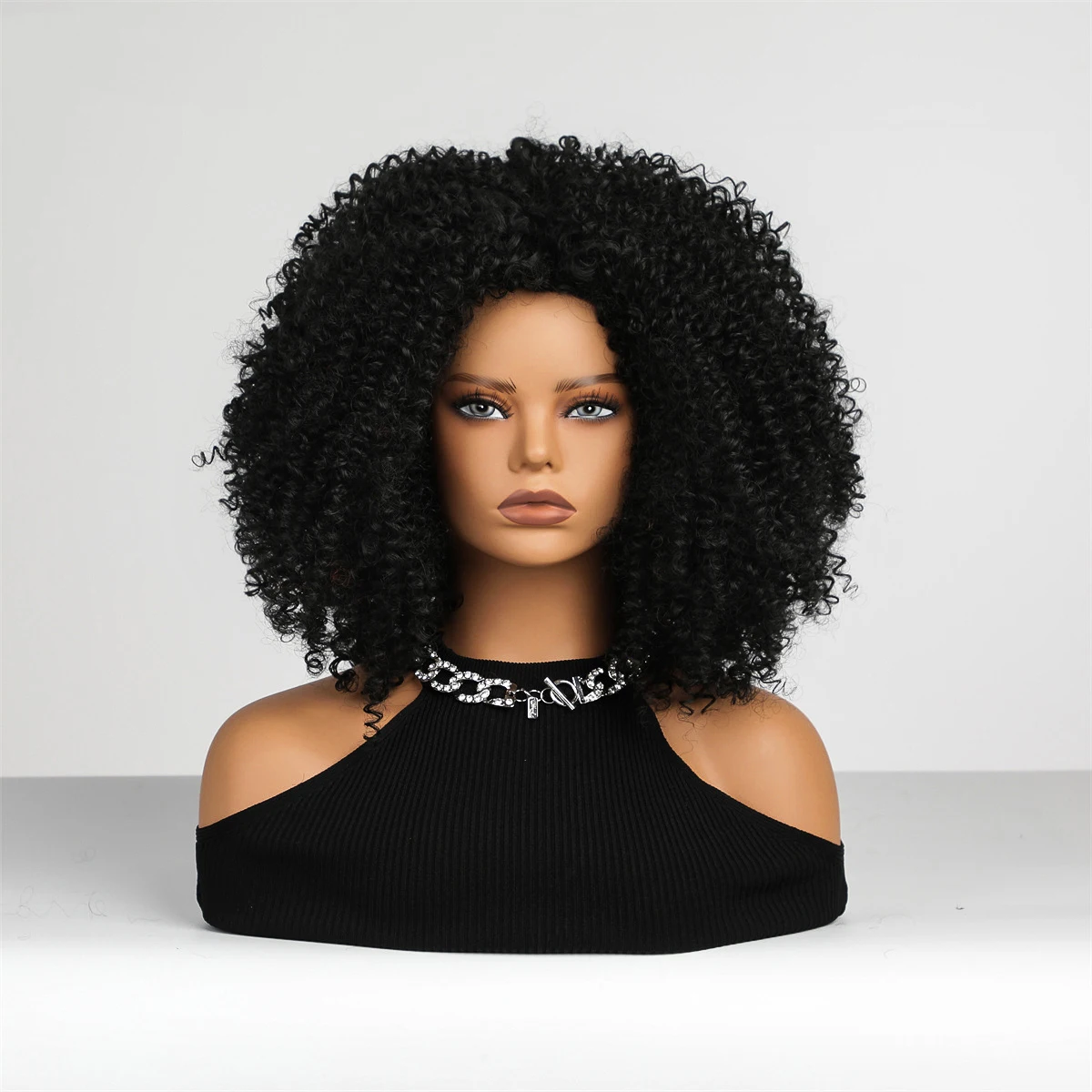 Black Wig Mid-length Hair Super Curly Wave with Bangs African Wig Women's Heat Resistant Fiber Matte Durable Live Photo