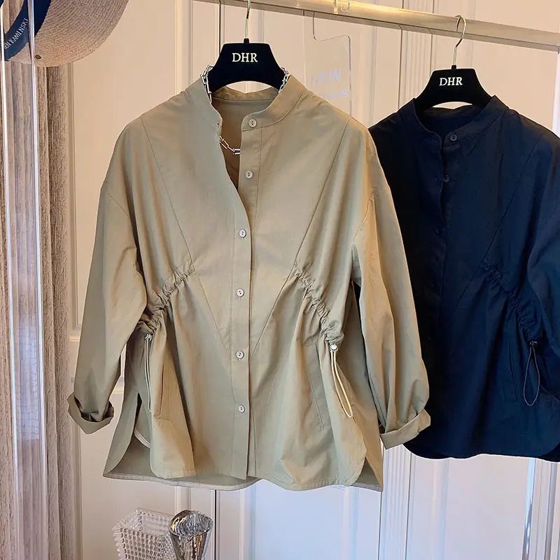 Wholesale Retro Pleated Symmetrical Tops Cotton Long-sleeved Spring and Autumn 2026 New Solid Color Wild Women's Shirts