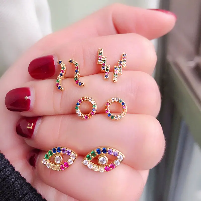 

Hot sale multi color jewelry 18k gold rainbow eye stud earrings