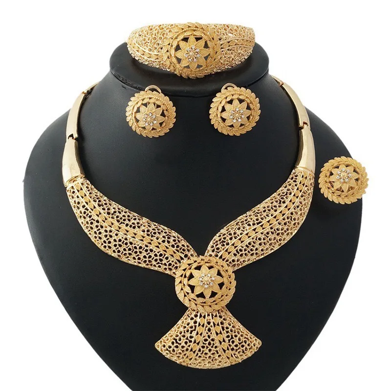 

African Jewelry Sets Necklace Bracelet Earing Ring Dubai Gold Jewelry Set for Women Wedding Party Bridal Earrings Ring Jewelry, Gold and silver