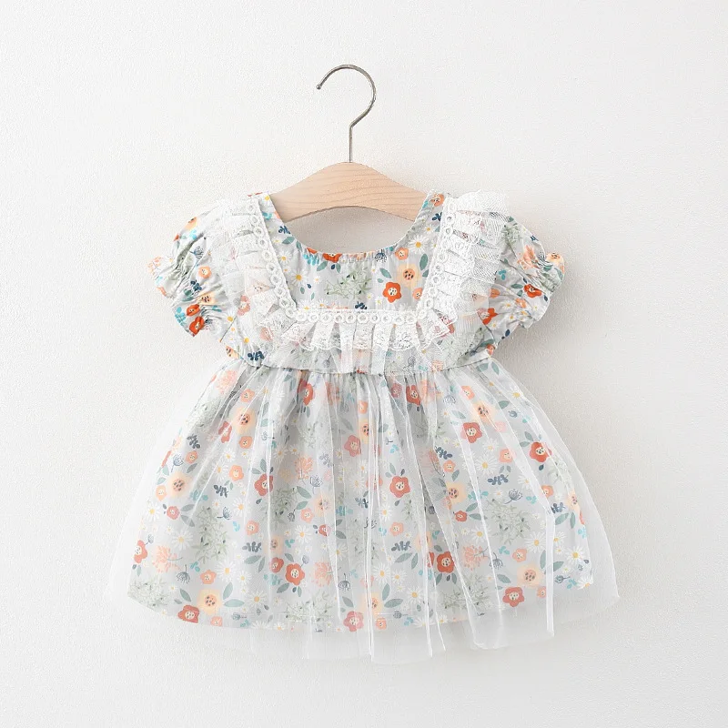 

Baby Girls Princess Dress 2021 New Summer Kids Mesh Print Flower Dresses Newborn Baby Clothes Short Sleeve Sweet Lace Dress