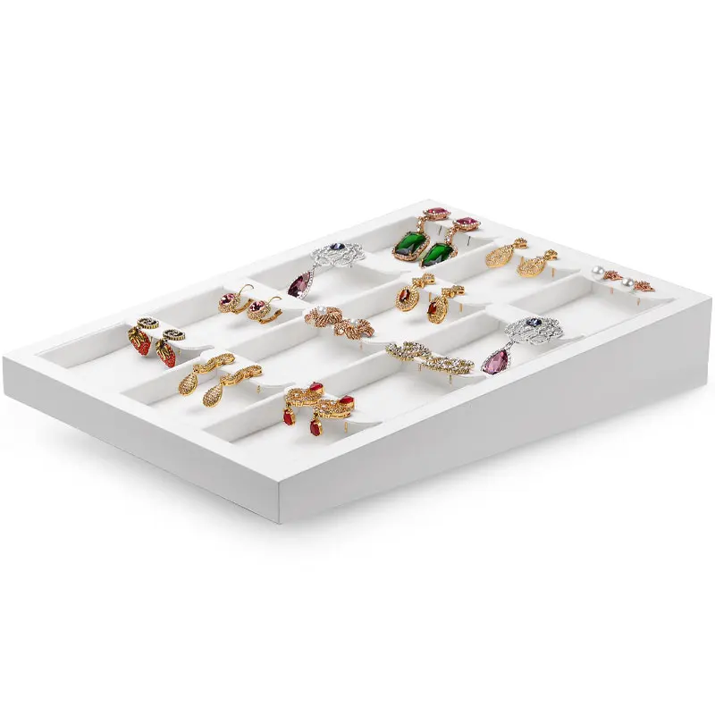 

New White Solid Wood And Microfiber Jewelry Display Plate Necklace Earrings Ring Display Props