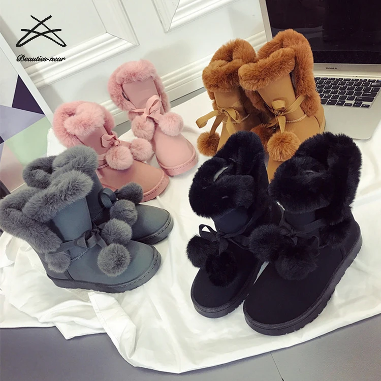 

RTS Fashion women short mid calf boots warm fur plush ball lace up snow climbing winter ladies boots, As in picture