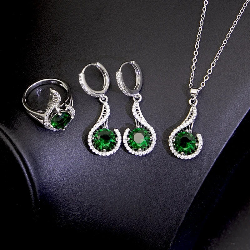 

Women Bridal Jewelry Set White Blue Green Red Diamond Wedding Jewelry Luxury Necklace Earrings Set, Picture shows