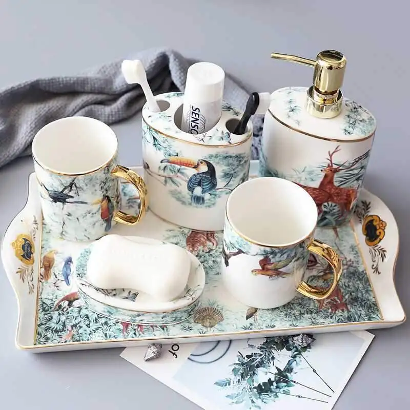 

Nordic creative luxury couple wedding mouthwash cup set ceramic bathroom set with tray, Blue/pink