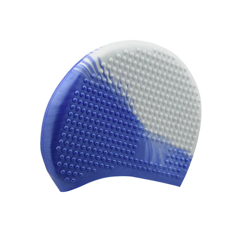 

High quality adult silicone swimming cap printed durable elastic ear breathing game long hair University Swimming Cap, White+blue