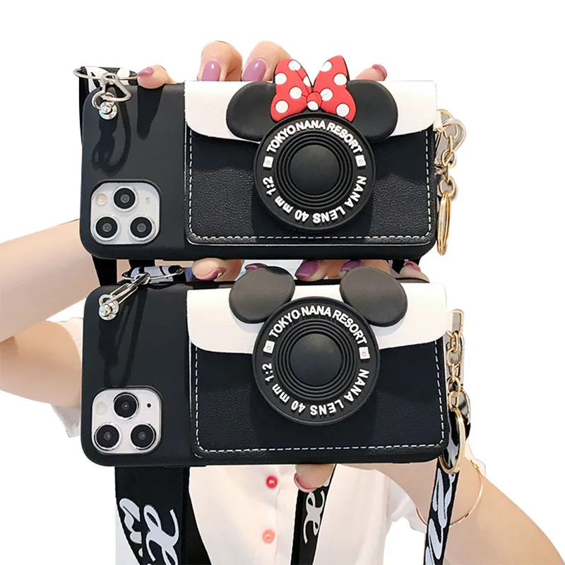 

Customized wholesale Minnie Mickey wallet bag Long Lanyard mobile phone case for Huawei Y9 Y7 pro Nova7i 5T MATE30 lite Y8P Y6