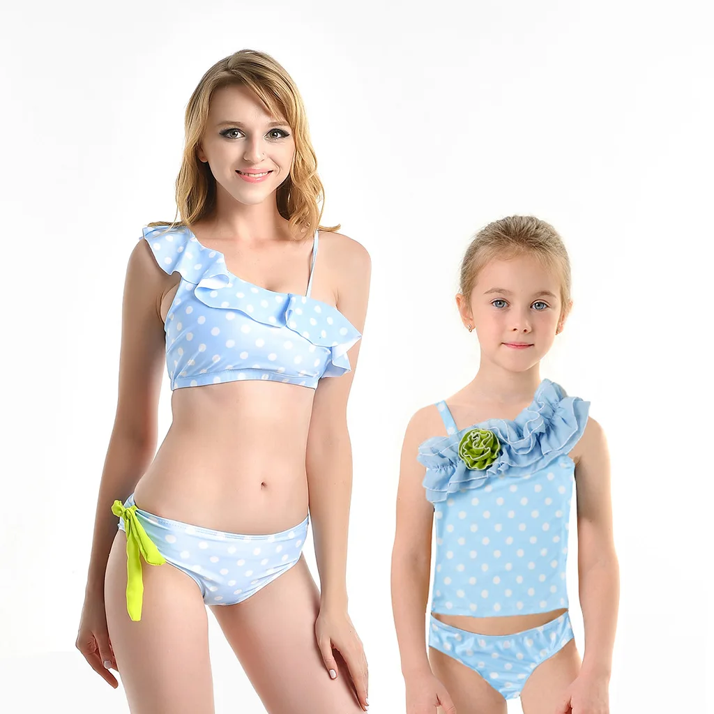 

Made Ruffled Pleat Swimming Costume Two Pieces Asymmetrical Polka Dot Bathing Suits Mom And Daughter Swimwear