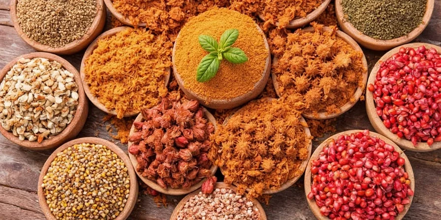 Healthy spices laid out on a wooden table