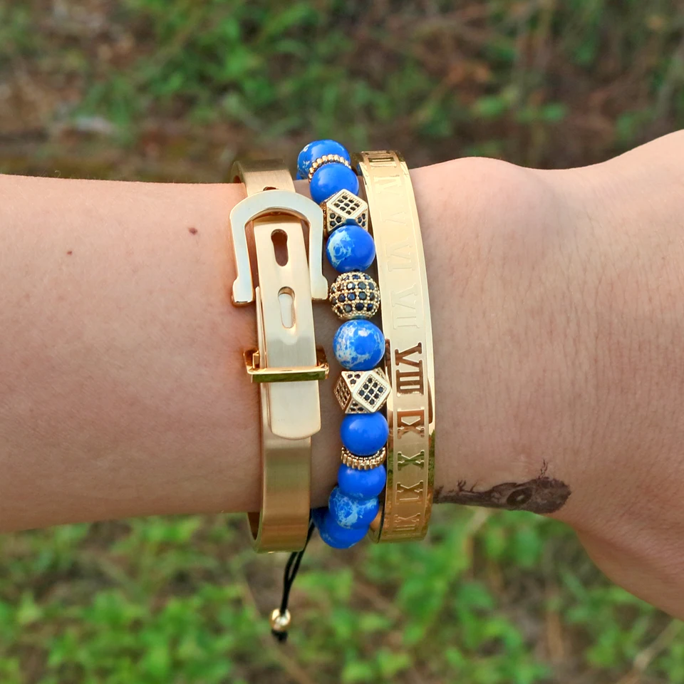

3pcs/set Royal Roman Bracelets & Bangles Weaving Lapis Lazuli Bracelet For Men Stainless Steel Belt Buckle Bracelet Men Jewelry