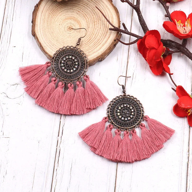 

Hot-sale Retro Fashion Multi-tassel Pendant Bohemian Fan Shaped Earrings Handmade Dangle Earring For Women, As picture