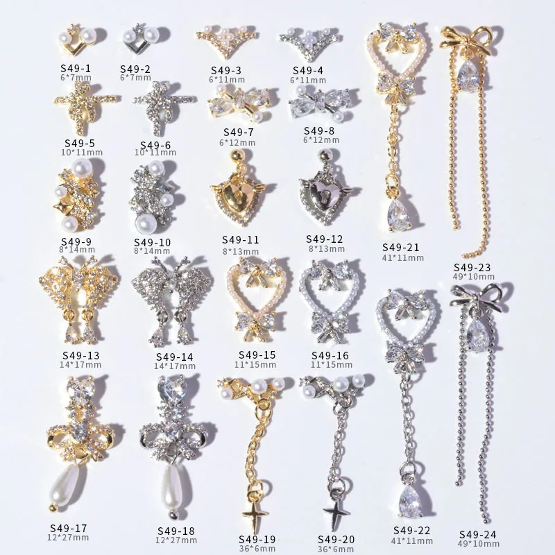 

High Quality Nail Charms AAA Zircon Long Chain Heart Shape White Round Pearl Bow Women Fashion Finger Nail Jewelry, Colorful