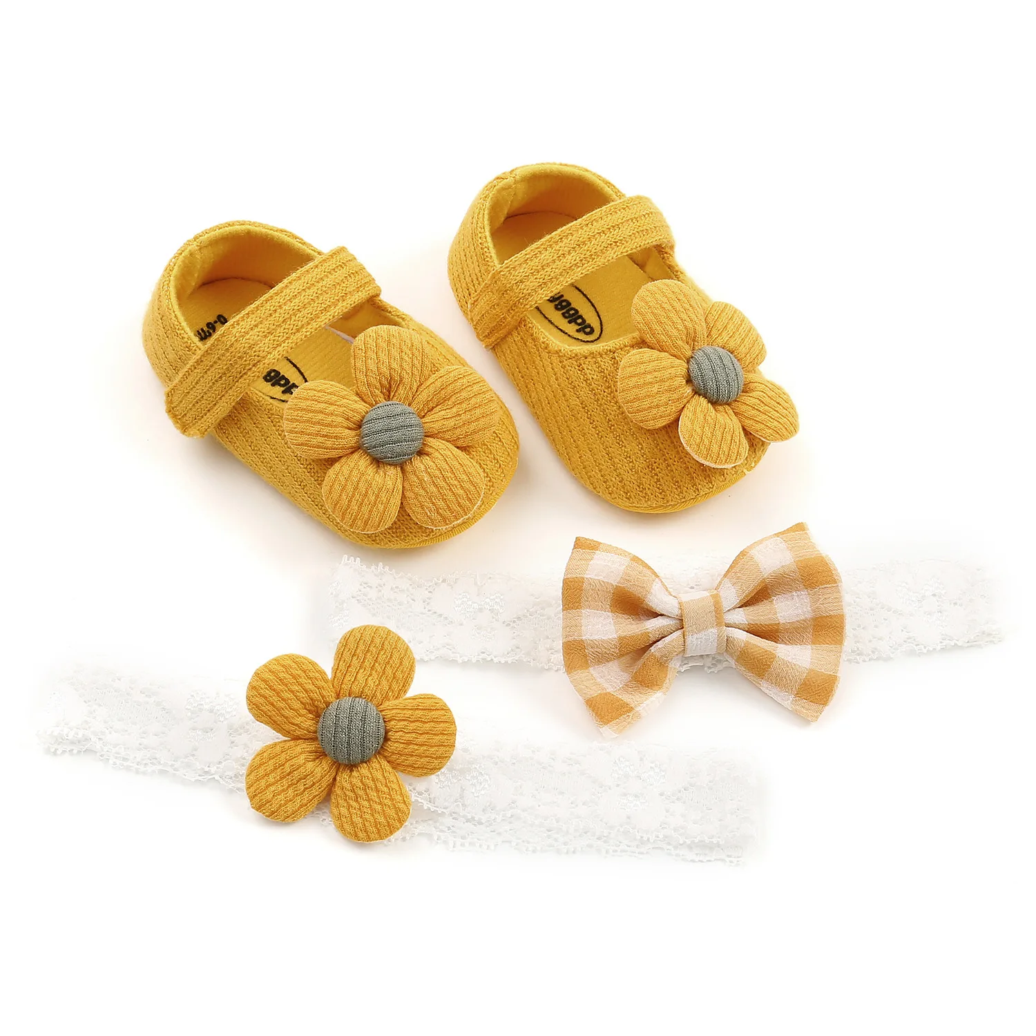 

Hot sale 0-1 year old flower baby shoes with hair band newborn girls birthday gift box shoes toddler shoes headband 3-piece set, 6 colors