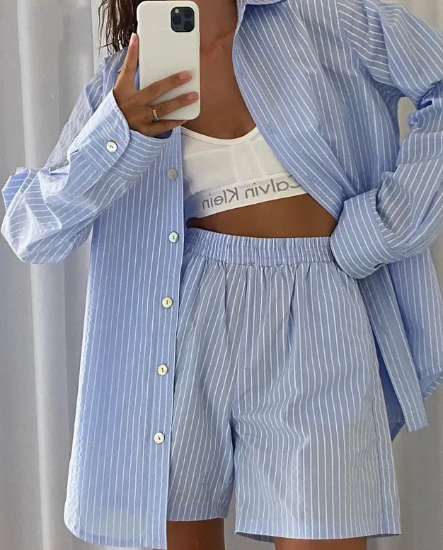 

Fashion Casual Outfits Long Sleeve Shirt Blouses And Shorts Pants Two Piece Set For Women, 6 colors