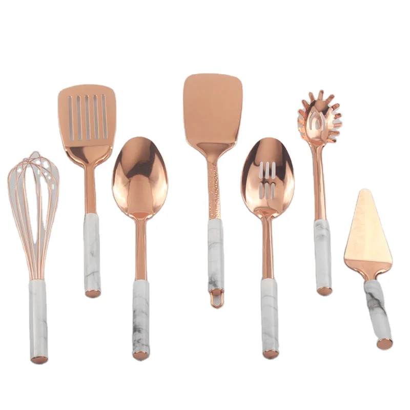 

Rose Gold Copper Plating Food Grade Stainless Steel Kitchenware Kitchen Utensils Set Marble Handle Cooking Tools Set