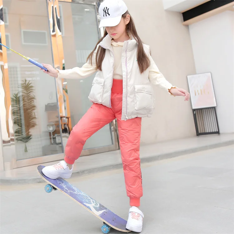 LvCong Custom logo kids winter loose high waist solid color trouser girls thickening warm down pants