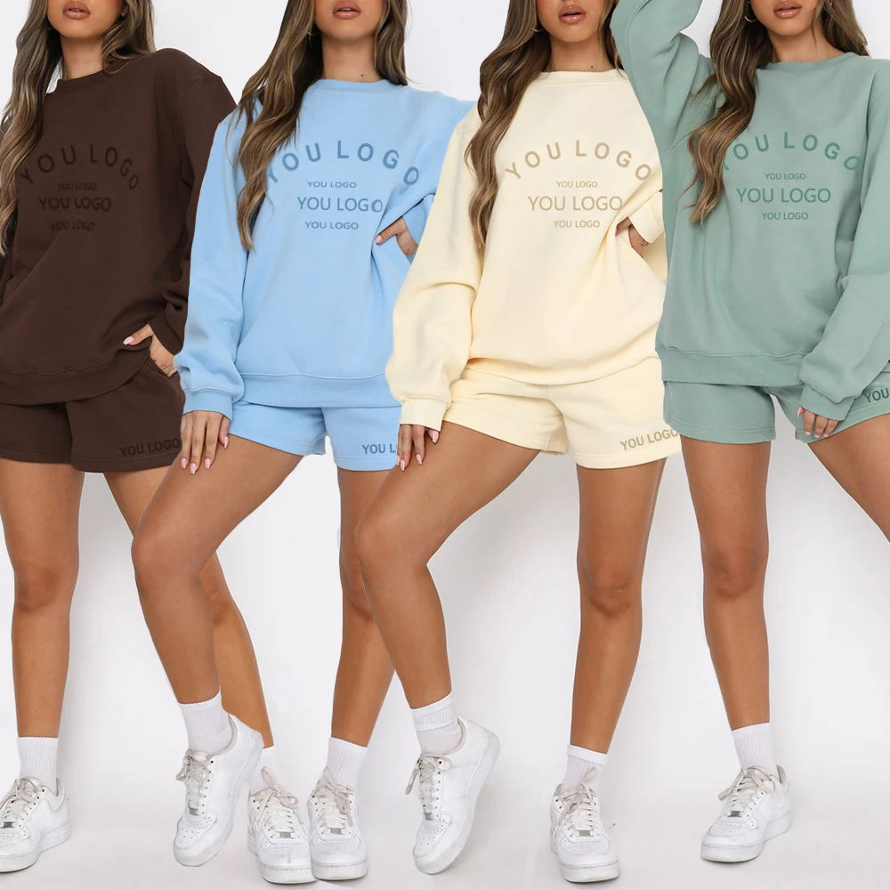 

Solid Color Custom Logo Women Short Set High Waist Plus Size Sweat Jogger Long Sleeve 2 Piece Set Women Sweatsuit Set Tracksuit, Customized color