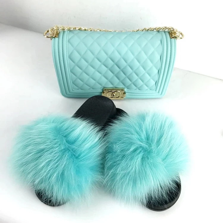 

Green and red fox fur slides for woman with purse real children raccoon fur sandal slippers and bag, Customized color