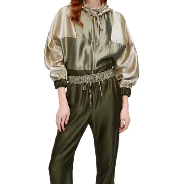 

Sport matching color hooded drop shoulder loose-fitting jacket women tracksuits