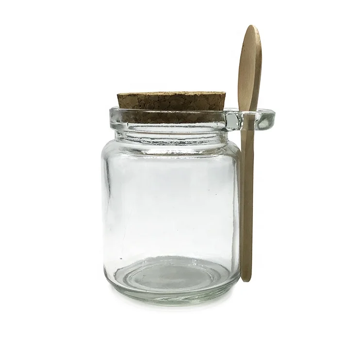 

8.5oz 250ml Kitchen Containers Spice Glass Jar with Cork with Wooden Spoon, Transparent color