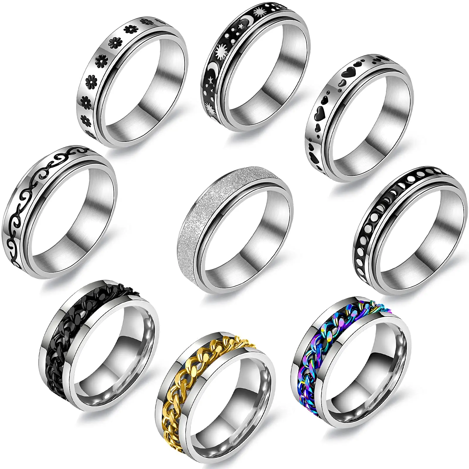 

XM20015 Unisex Rotating Anxiety Rings Titanium Stainless Steel Chain Spinner Finger Ring For Men, Customized color