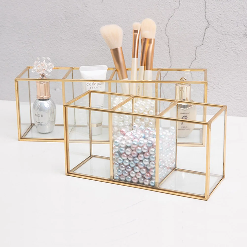 

Gold Glass Makeup Brush Storage Box Pen Pencil Pot Holder Cosmetic Container Desk Organizer Stand Accessory 3/4 Grids