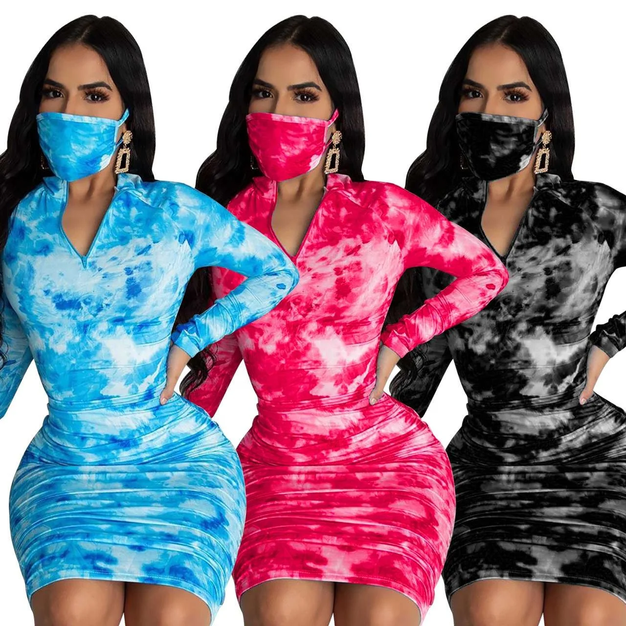 

Summer Women's Lapel V-Neck Long Sleeve Printed Long Skirt Gradient Color Pleated Dress .