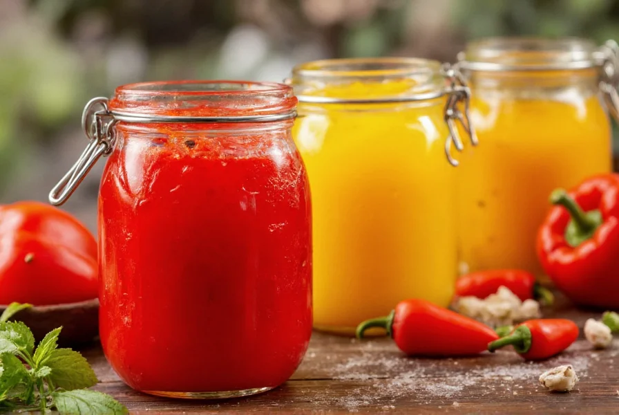 Close-up of vibrant red and yellow pepper jam in mason jars with fresh peppers and herbs
