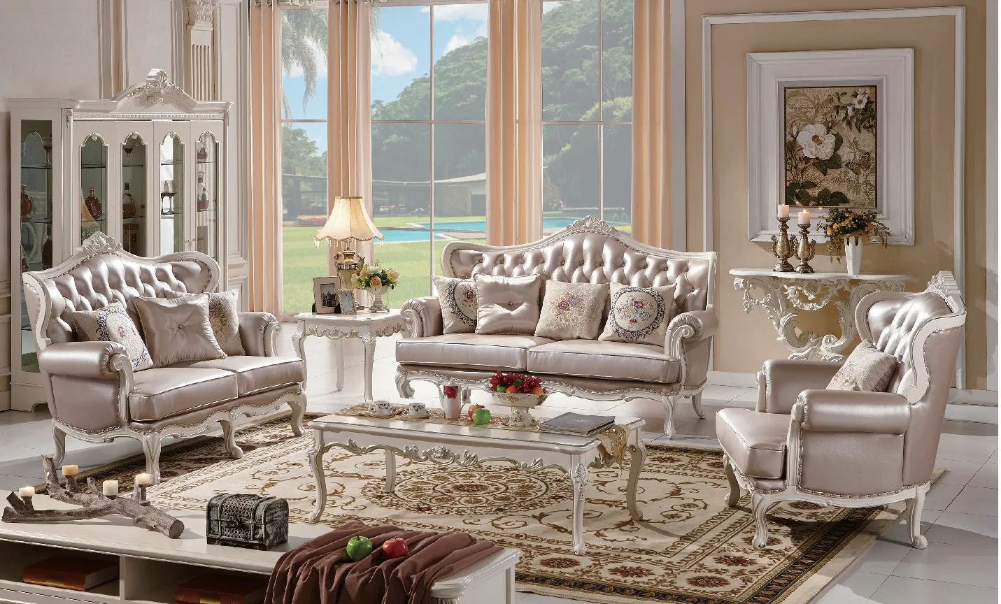 古董豪华皇家客厅家具组合沙发套装真皮香槟沙发配软垫