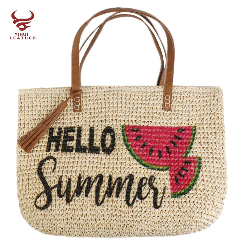 

Fashion beach handbags natural texture crochet paper straw crochet printed crochet bags handmade women bags
