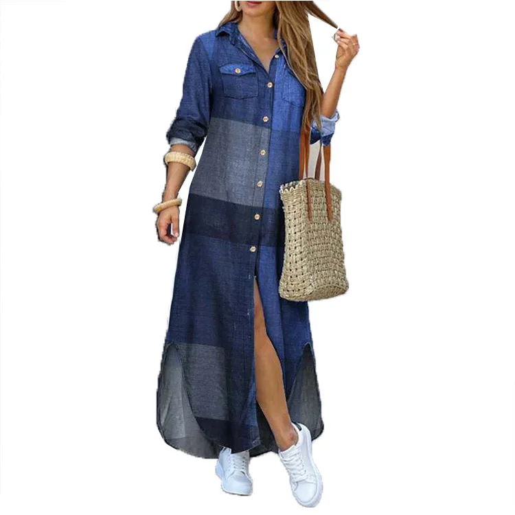 

3XL Printed Single-Breasted Maxi Dress Casual Long Sleeved Loose Dress Lady Long Sleeve Maxi Beach Dress, As picture