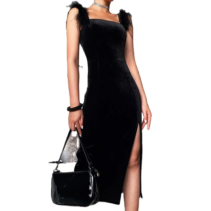

Wholesale Fashion Black Women Party Dress Sexy And Noble One Step Dress Medium Length Split Fur Shoulder Dress, Picture