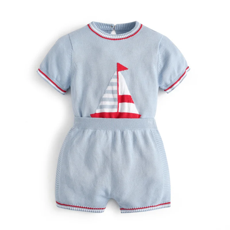 

2021 New Toddler Boys Summer Knitwear Suit Baby Cotton Knitted Clothes Set Sailboat Embroidery Short Sleeve Tops and Knit Shorts