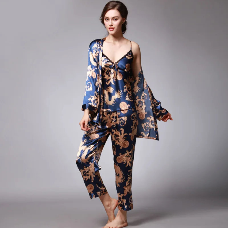 

2021 New Satin Pajamas for Women 3Pcs Pjs Home Wear Clothes Print Floral Cotton Ladies Sexy Loose Sleep Nightwear Sets, Customized