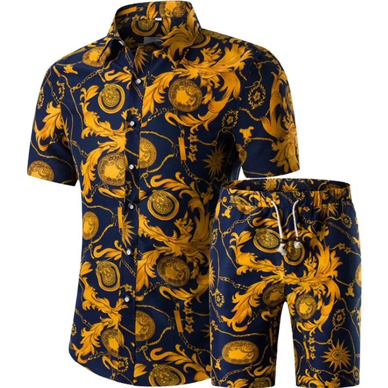 

2021 Summer Men Shirt And Short Set Plus Size 2 Piece Sets Beach Printing Plus Size Shorts Sets