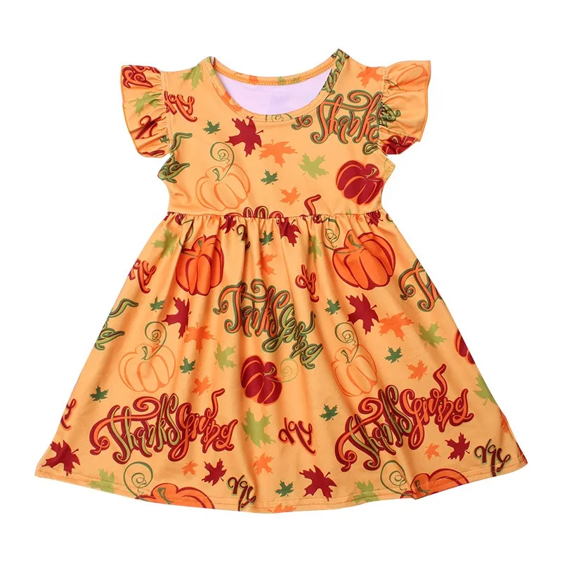 

Wholesale boutique frocks girls pumpkin printed milk silk dresses for kids toddler thanksgiving clothing