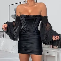 

Women's Hot Sexy Long Sleeve slash Neck Pick Up Mini Dress corset 2020 New Arrive Black Colour Party Dress Bodycon